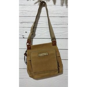 Fossil Canvas Crossbody Bag Tan Brown Leather Trim Paisley Lining